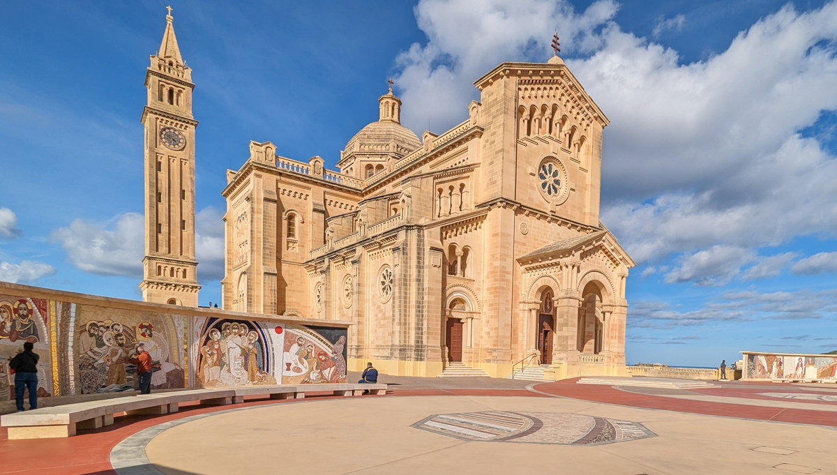 The grand facade of Ta' Pinu Basilica
